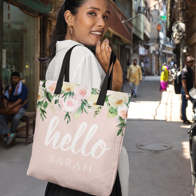 Bolsa Tote Flores Rosa Moderno Pastel Alô E Você Chama (Criador carregado)