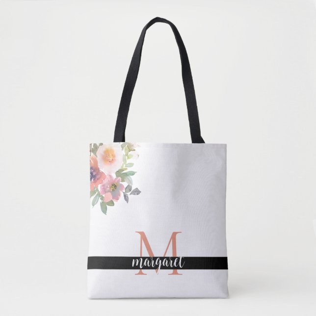 Bolsa Tote Flores Rosa Personalizadas Monograma Moderno Elega (Frente)