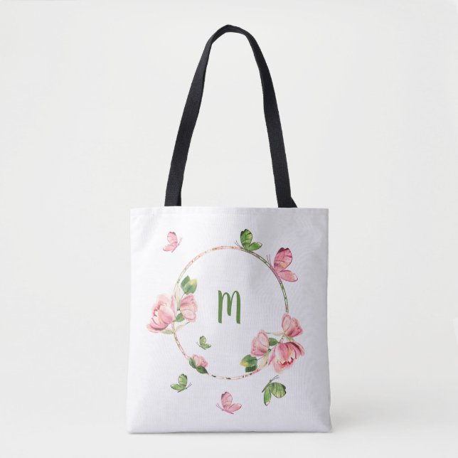 Bolsa Tote Flores rosas românticas verde (Frente)