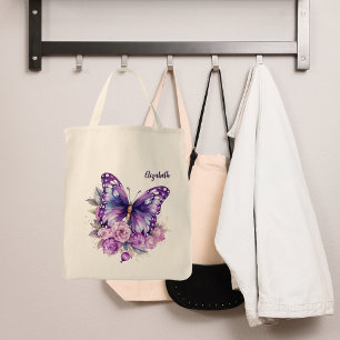 Bolsa Tote Flores roxas borboletas cor-de-rosa
