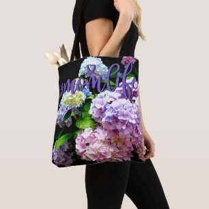 Bolsa Tote Flores roxas, cor-de-rosa, cor-de-rosa, hidrangeas