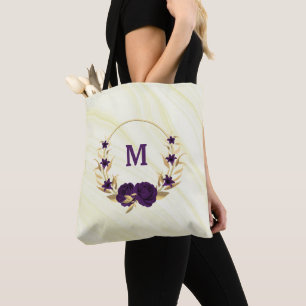 Bolsa Tote flores roxas douram folhas de bolinho