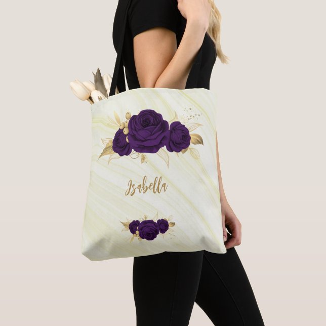 Bolsa Tote flores roxas douram folhas de bolinho (Close Up)