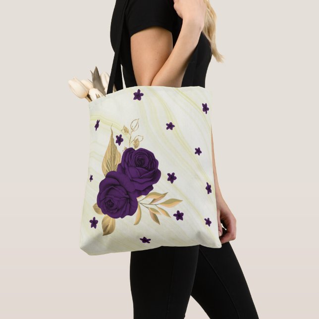 Bolsa Tote flores roxas douram folhas de bolinho (Close Up)