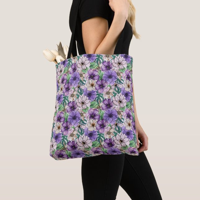Bolsa Tote Flores roxas e rosa (Close Up)