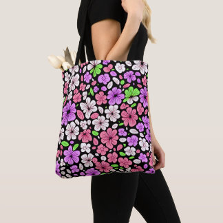 Bolsa Tote Flores Roxas e Rosadas e Padrão de Pétalas Preto