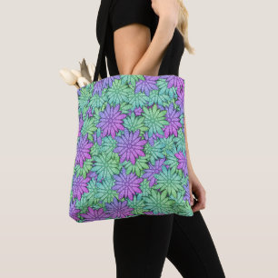 Bolsa Tote Flores roxas e verdes divertidas