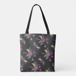 Bolsa Tote Flores Roxas Elegantes Arte a Preto