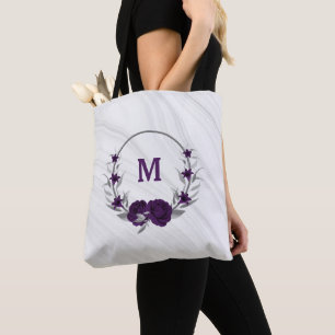 Bolsa Tote flores roxas folhas de prata de mármore
