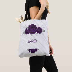 Bolsa Tote flores roxas folhas de prata de mármore