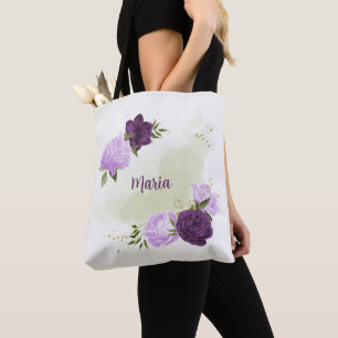 Bolsa Tote flores roxas folhas verdes