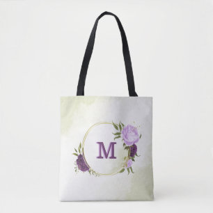Bolsa Tote flores roxas folhas verdes