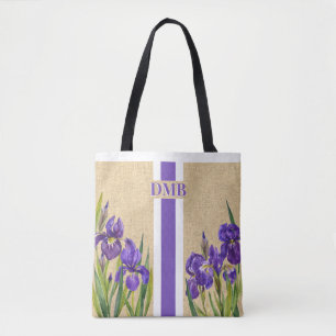 Bolsa Tote Flores Roxas Iris Monograma Faux Juta Burlap