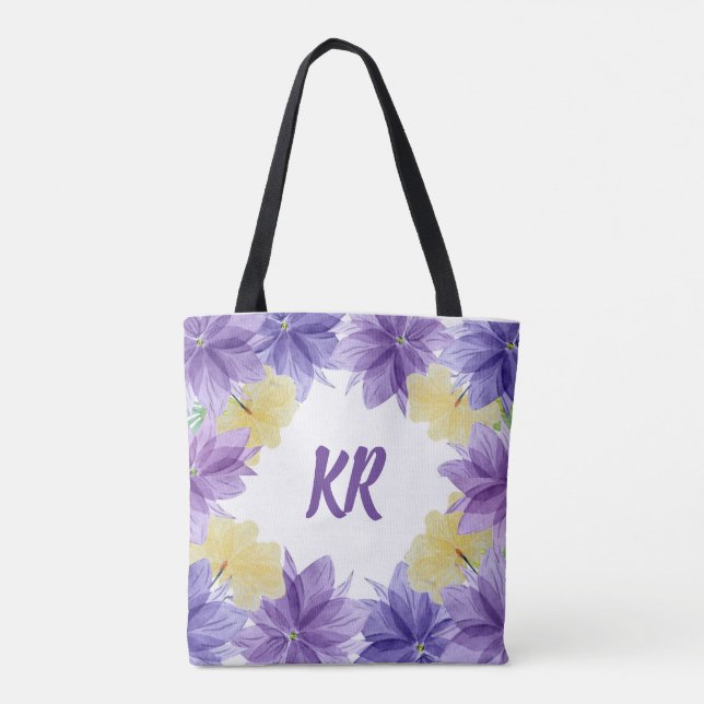Bolsa Tote Flores Roxas Tropicais Do Havaí Monograma Floral (Verso)