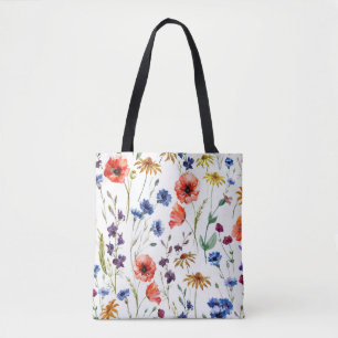 Bolsa Tote Flores Selvagens Aquarelas Cachorro Poppy Chamomil