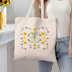 Bolsa Tote Flores Selvagens bonito Dragonfly em Dourado com N