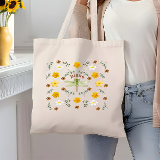 Bolsa Tote Flores Selvagens bonito Dragonfly em Dourado com N