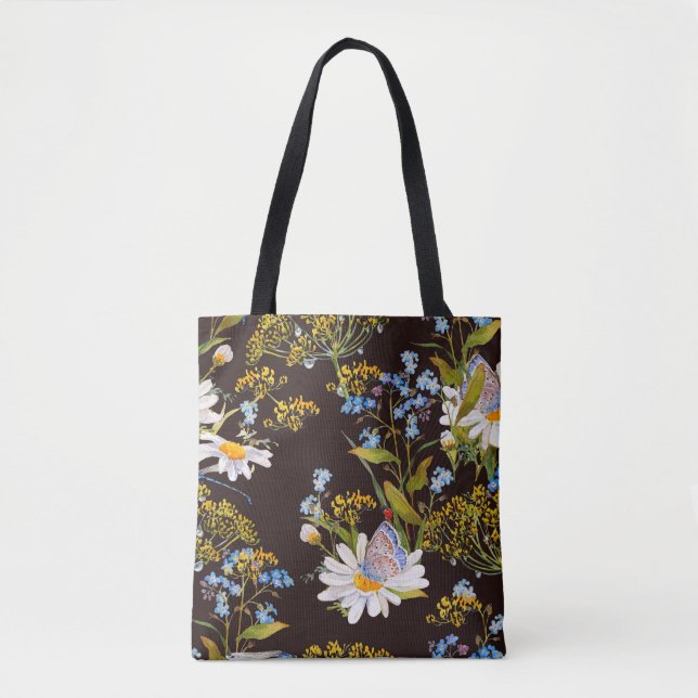 Bolsa Tote Flores selvagens: cor-de-água preta (Frente)