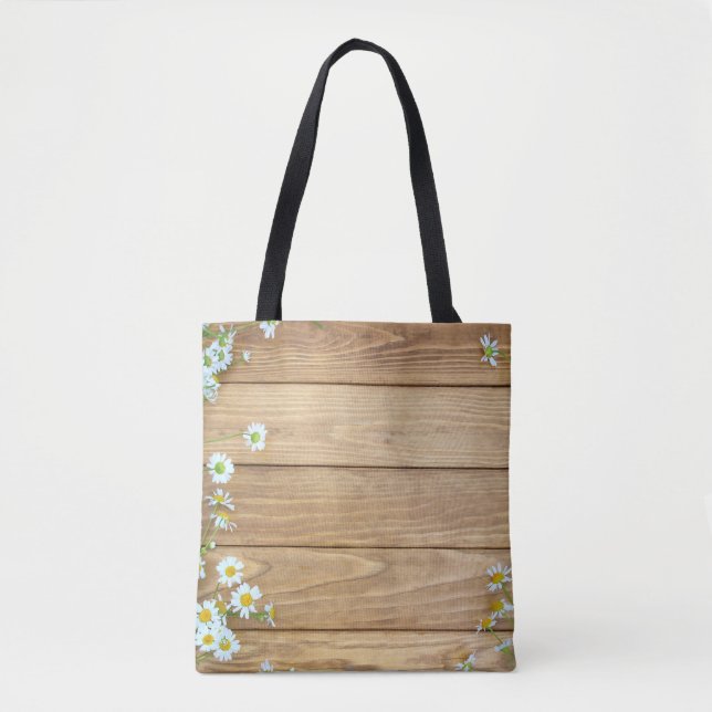 Bolsa Tote Flores selvagens, ervas: fundo de madeira. (Frente)