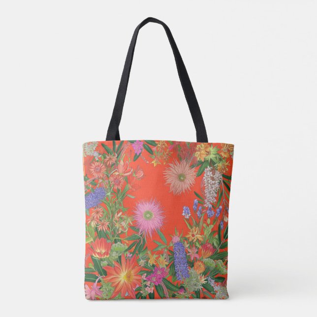 Bolsa Tote Flores selvagens no fundo vermelho (Verso)