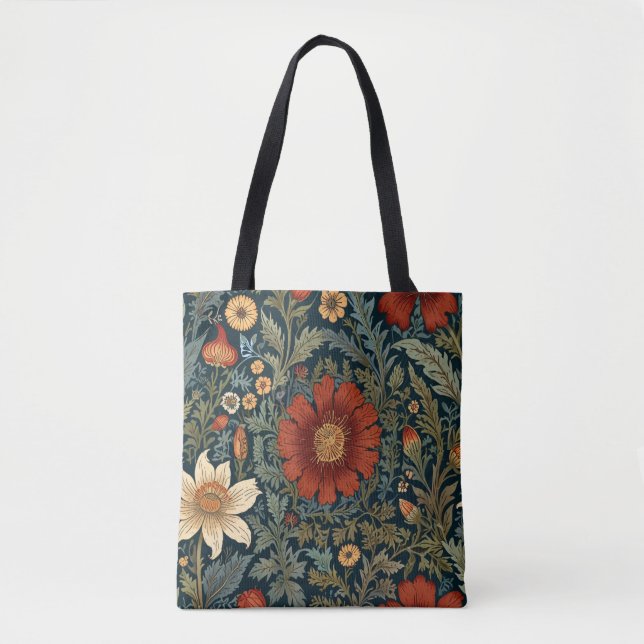 Bolsa Tote Flores Selvagens Padrão Vermelho William Morris Es (Frente)