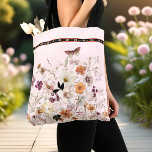 Bolsa Tote Flores Selvagens Presas, Monograma de Cottagecore