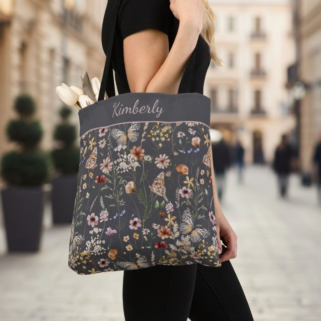 Bolsa Tote Flores Silvestres Boho Aquarela Flores de Carvão (Criador carregado)