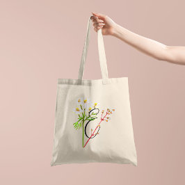 Bolsa Tote Flores silvestres brancas em aquarela com inicial 