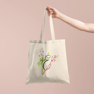 Bolsa Tote Flores silvestres brancas em aquarela com inicial