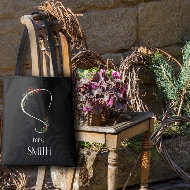 Bolsa Tote Flores silvestres de aquarela monograma vermelho-b (Criador carregado)