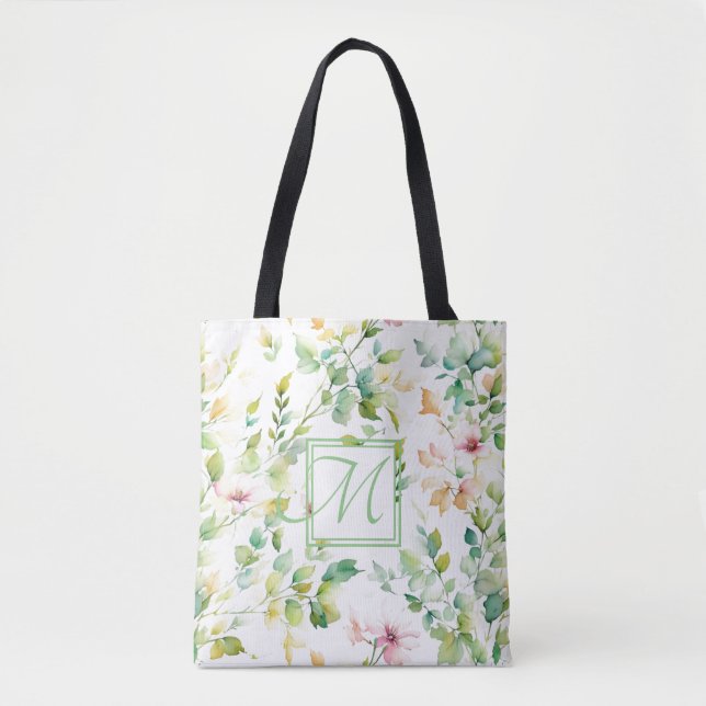 Bolsa Tote Flores silvestres de cor aquosa verde-elegante (Frente)