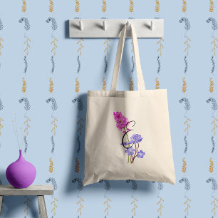 Bolsa Tote Flores silvestres rosa e lilás com a sua inicial.