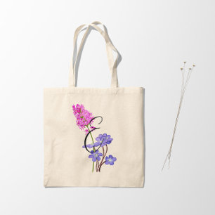 Bolsa Tote Flores silvestres rosa e lilás com inicial 1 lado