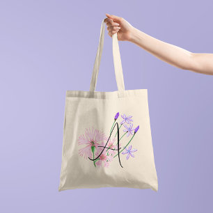 Bolsa Tote Flores silvestres rosa suave com sua inicial 1 lad