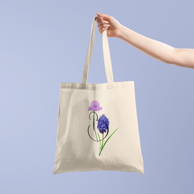 Bolsa Tote Flores silvestres roxas com a sua inicial de lado (Criador carregado)