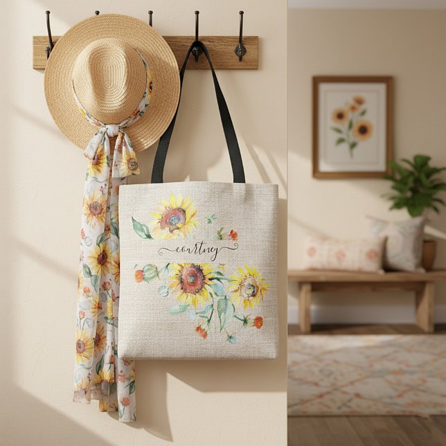 Bolsa Tote Flores solares de aquarela personalizadas (Criador carregado)
