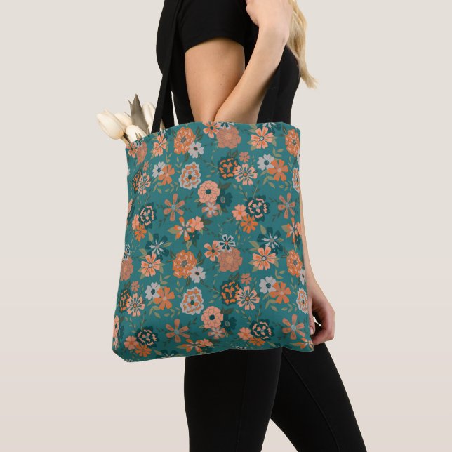 Bolsa Tote Flores: Teal Orange Botanical Patteric Comprando (Close Up)