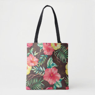 Bolsa Tote Flores Tropicais Coloridas Fundo Escuro