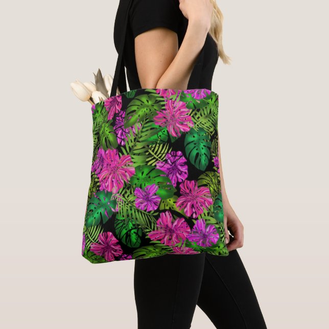 Bolsa Tote Flores tropicais e plantas a preto (Close Up)