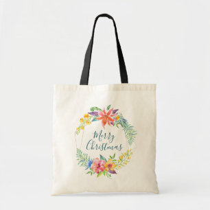 Bolsa Tote Flores tropicais e quadros geométricos Feliz Nata