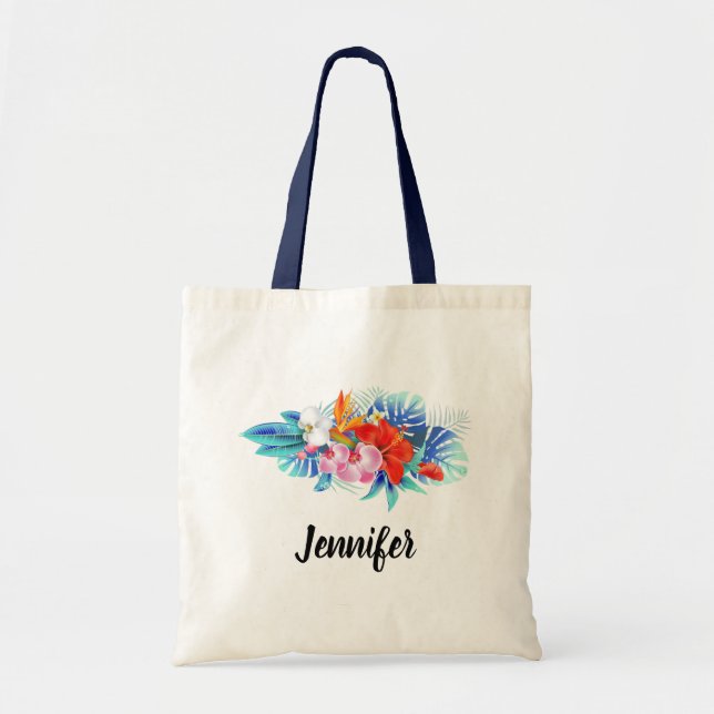 Bolsa Tote Flores Tropicais Exóticas - Rosa e Aquamarino (Frente)