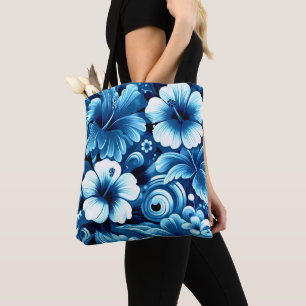 Bolsa Tote Flores tropicais havaianas Hibiscus Padrão Azul