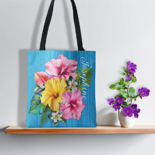 Bolsa Tote Flores Tropicais Madeira Azul Personalizada AOP