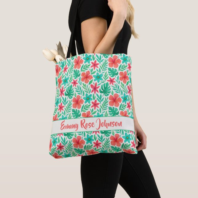 Bolsa Tote Flores tropicais pintadas à mão (Close Up)
