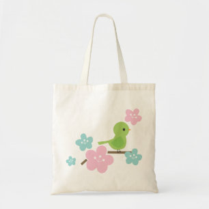 Bolsa Tote Flores verdes do pássaro e da cereja