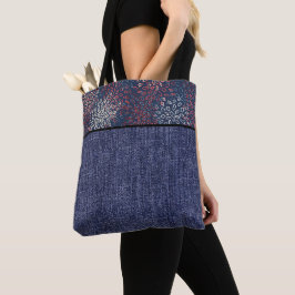 Bolsa Tote Flores vermelhas, brancas e azuis e denim