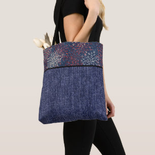 Bolsa Tote Flores vermelhas, brancas e azuis e denim