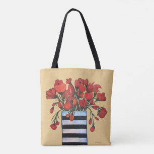 Bolsa Tote Flores vermelhas com belas artes listradas do vaso
