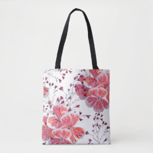 Bolsa Tote Flores vermelhas cor-de-rosa em branco.