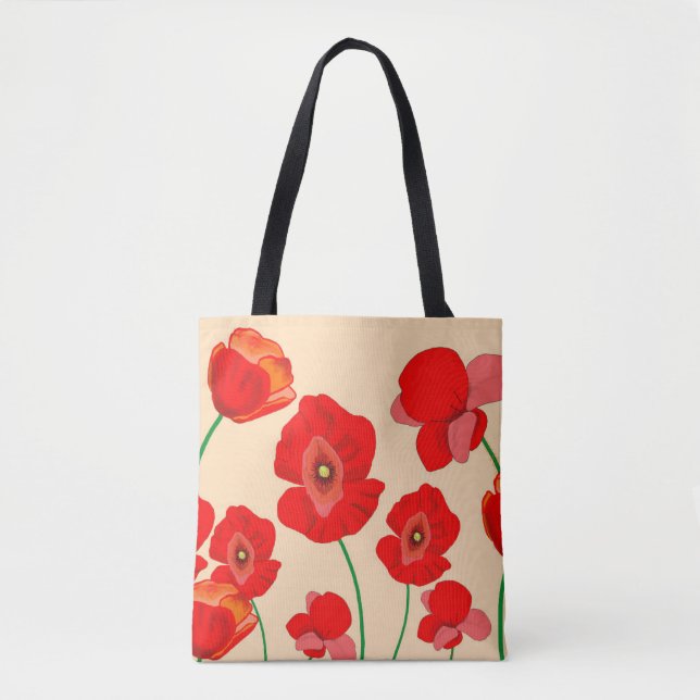 Bolsa Tote Flores Vermelhas de Papoila na Ilustração de Fundo (Frente)